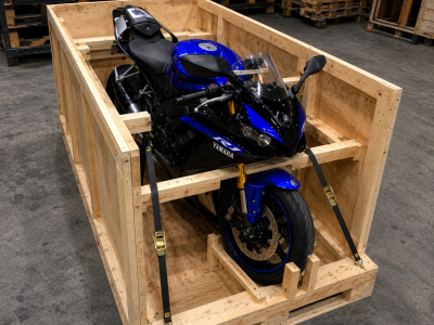 Blue Yamaha R1 Secured in Wooden Crate